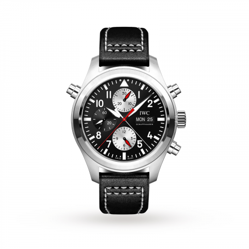 IWC Pilot's Watch Double Chronograph Stainless Steel Black-Silver Calf Watches of Switzerland