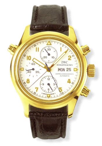 IWC Pilot's Watch Doppelchronograph Yellow Gold White French Strap