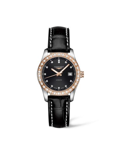 Longines Conquest Classic Automatic 29.5 Stainless Steel Red Gold Diamond Black Strap