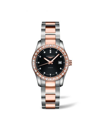 Longines Conquest Classic Automatic 29.5 Stainless Steel Red Gold Diamond Black Bracelet