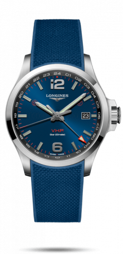 Longines Conquest V.H.P. GMT 43 Stainless Steel Blue Rubber