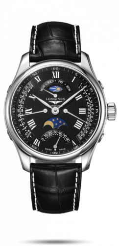 Longines Master Collection 44 Retrograde Moonphase Stainless Steel Black-Roman Alligator