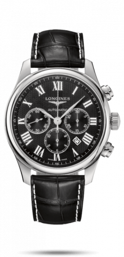 Longines Master Collection 44 Chronograph Stainless Steel Black-Roman Alligator