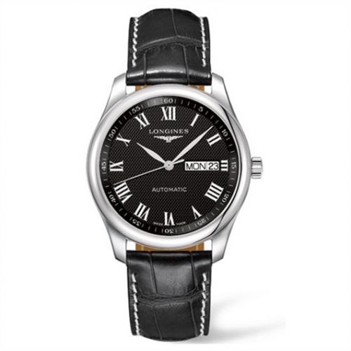 Longines Master Collection 38.5 Day Date Stainless Steel Black-Roman Alligator