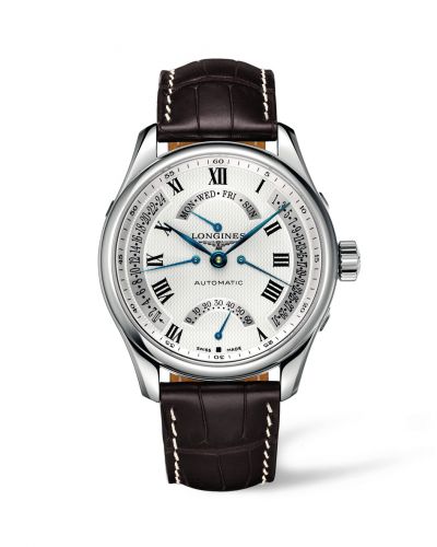Longines Master Collection 44 Retrograde Stainless Steel Silver-Roman Alligator