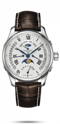 Longines Master Collection 44 Retrograde Moonphase Stainless Steel Silver-Roman Alligator XL