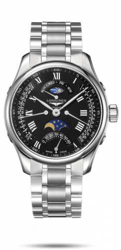 Longines Master Collection 44 Retrograde Moonphase Stainless Steel Black-Roman Bracelet