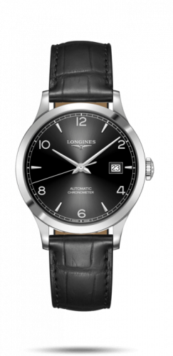 Longines Record 38.5mm Stainless Steel Black-Arabic Alligator