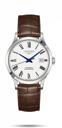 Longines Record 38.5mm Stainless Steel White-Roman Alligator