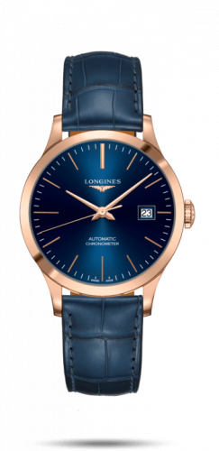 Longines Record 38.5mm Pink Gold Blue Alligator