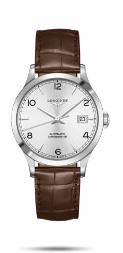Longines Record 38.5mm Stainless Steel Silver-Arabic Alligator