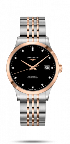 Longines Record 38.5mm Stainless Steel Pink Gold Black-Diamond Bracelet