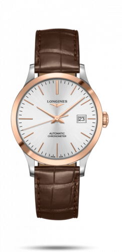 Longines Record 38.5mm Stainless Steel Pink Gold Silver Alligator