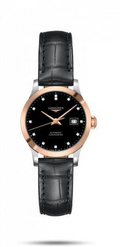 Longines Record 30mm Stainless Steel Pink Gold Black-Diamond Alligator