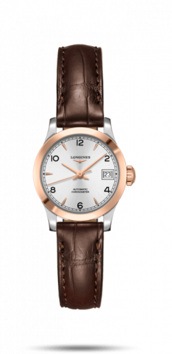 Longines Record 26mm Stainless Steel Pink Gold Silver-Arabic Alligator