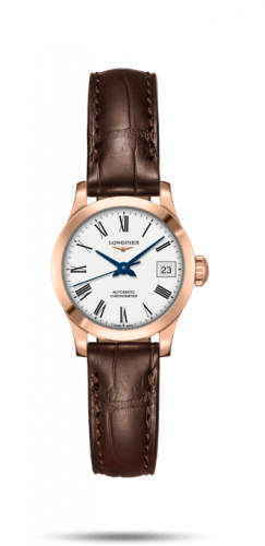 Longines Record 26mm Stainless Pink Gold White-Roman Alligator