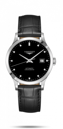 Longines Record 38.5mm Stainless Steel Black-Diamond Alligator