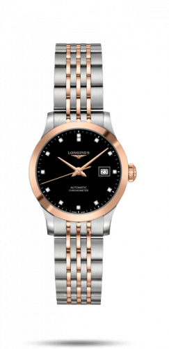 Longines Record 30mm Stainless Steel Pink Gold Black-Diamond Bracelet