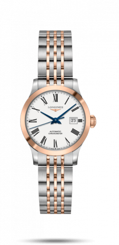 Longines Record 30mm Stainless Steel Pink Gold White-Roman Bracelet