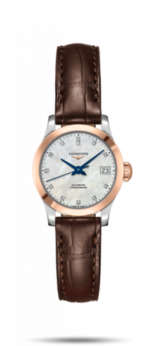 Longines Record 26mm Stainless Steel Pink Gold MOP-Diamond Alligator