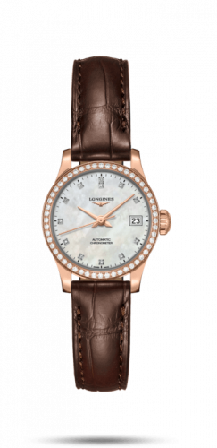 Longines Record 26mm Stainless Pink Gold Diamond MOP-Diamond Alligator