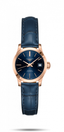 Longines Record 26mm Stainless Pink Gold Blue Alligator
