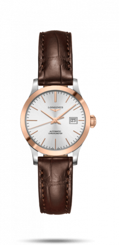 Longines Record 30mm Stainless Steel Pink Gold Silver Alligator
