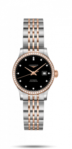 Longines Record 30mm Stainless Steel Pink Gold Diamond Black-Diamond Bracelet