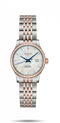 Longines Record 30mm Stainless Steel Pink Gold Diamond MOP-Diamond Bracelet