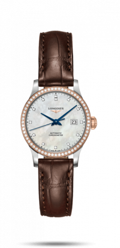 Longines Record 30mm Stainless Steel Pink Gold Diamond MOP-Diamond Alligator