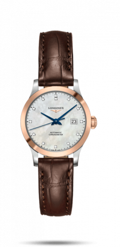 Longines Record 30mm Stainless Steel Pink Gold MOP-Diamond Alligator