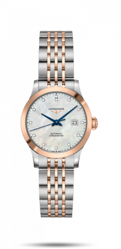 Longines Record 30mm Stainless Steel Pink Gold MOP-Diamond Bracelet
