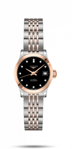 Longines Record 26mm Stainless Steel Pink Gold Black-Diamond Bracelet