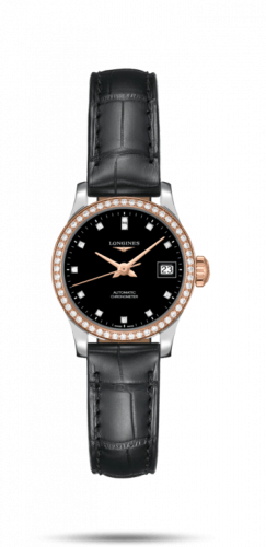 Longines Record 26mm Stainless Steel Pink Gold Diamond Black-Diamond Alligator