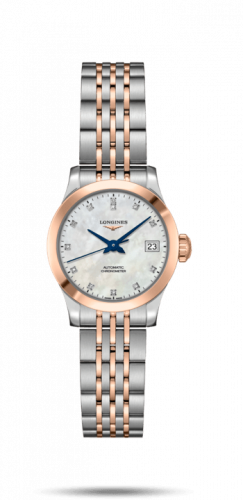 Longines Record 26mm Stainless Steel Pink Gold MOP-Diamond Bracelet