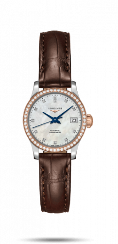 Longines Record 26mm Stainless Steel Pink Gold Diamond MOP-Diamond Alligator