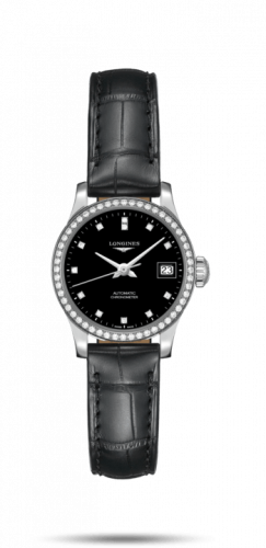 Longines Record 26mm Stainless Steel Diamond Black-Diamond Alligator