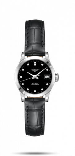 Longines Record 26mm Stainless Steel Black-Diamond Alligator