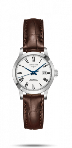 Longines Record 30mm Stainless Steel White-Roman Alligator