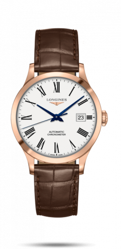 Longines Record 38.5mm Pink Gold White-Roman Alligator