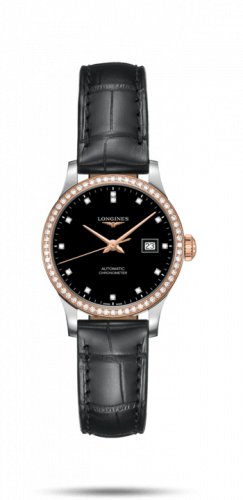 Longines Record 30mm Stainless Steel Pink Gold Diamond Black-Diamond Alligator