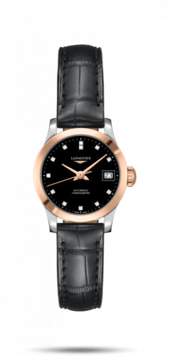 Longines Record 26mm Stainless Steel Pink Gold Black-Diamond Alligator