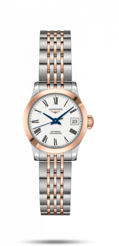 Longines Record 26mm Stainless Steel Pink Gold White-Roman Bracelet