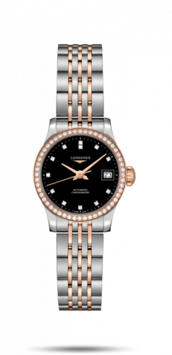 Longines Record 26mm Stainless Steel Pink Gold Diamond Black-Diamond Bracelet