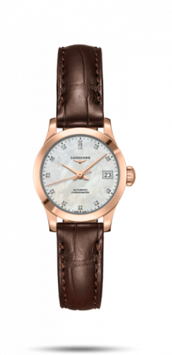 Longines Record 26mm Stainless Pink Gold MOP-Diamond Alligator