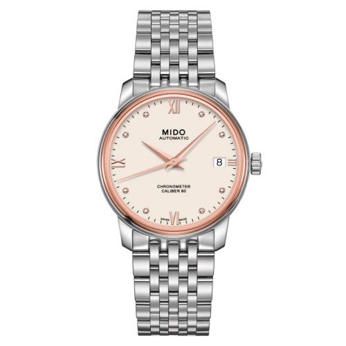 Mido Baroncelli Chronometer Lady Stainless Steel Rose Gold Ivory Bracelet