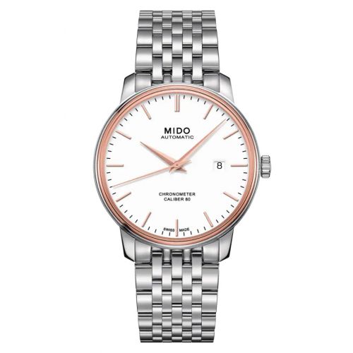 Mido Baroncelli Chronometer Stainless Steel Rose Gold White Bracelet