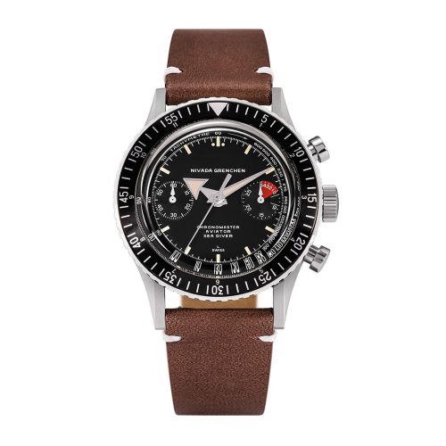 Nivada Grenchen Chronomaster Aviator Sea Diver Manual Stainless Steel Black Brown Leather