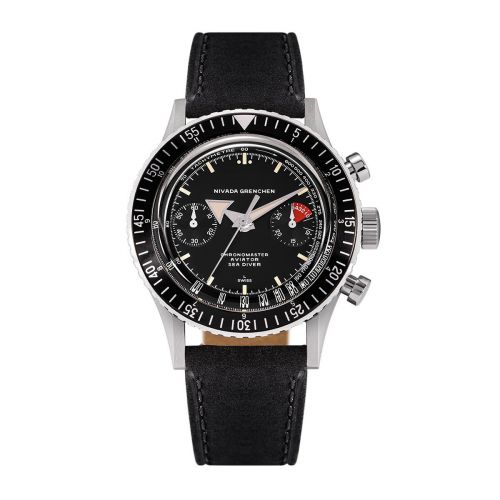 Nivada Grenchen Chronomaster Aviator Sea Diver Manual Stainless Steel Black Black Leather