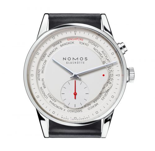 Nomos Glashütte Zürich Weltzeit Red Dot Silver